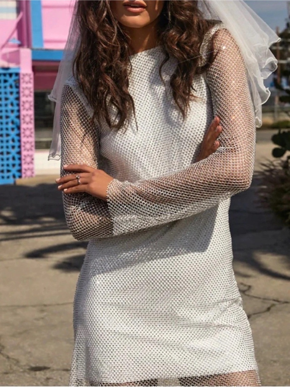 12th Tribe Anna White Rhinestone Mesh Mini Dress